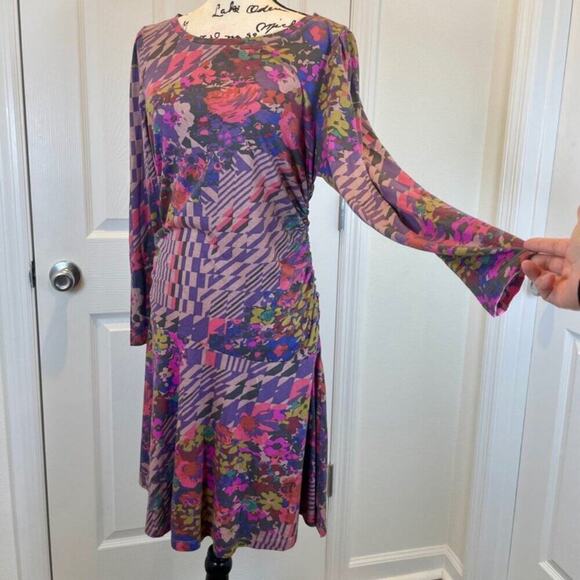 ANTHROPOLOGIE MINI DRESS RUCHED PURPLE /PINK SZ L ECLECTIC COTTAGECORE NEW - Picture 10 of 16